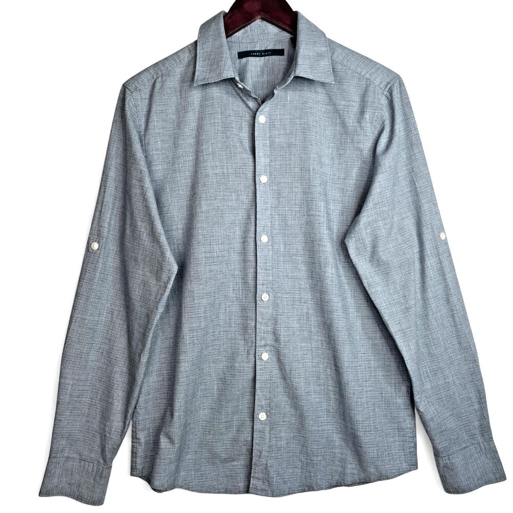 Perry Ellis Women's‎ Button-Down Blouse Small  Blue Plaid Roll-Tab Sleeve